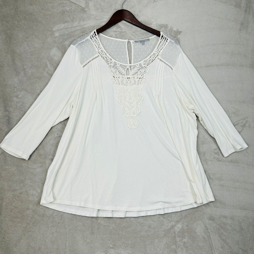 Daniel Rainn Coquette Top Size 2X Cream Boho Sheer Peasant Lace Crochet‎ Shirt